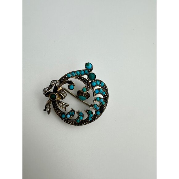 Antique Victorian 9kt gold genuine turquoise cabochons seed pearls bow brooch - Picture 6 of 12